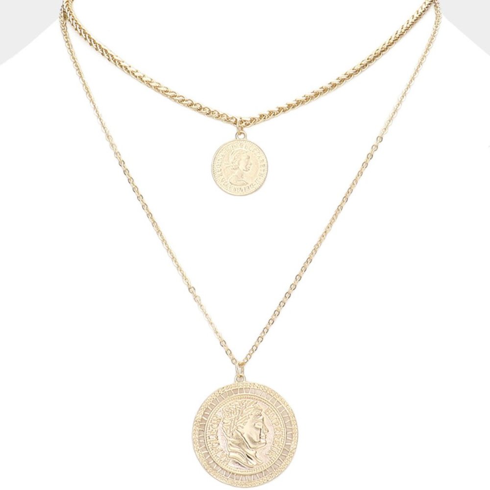 Gold Chain Double Layered Portrait Head Coin Link Necklace - Picture 6 of 11